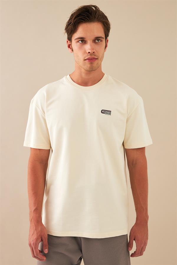 Escetic Erkek Ekru Spor O Yaka Oversize Nefes Alan %100 Pamuklu Kumaş T-Shirt T0090