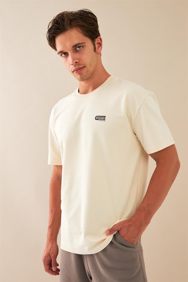 Escetic Erkek Ekru Spor O Yaka Oversize Nefes Alan %100 Pamuklu Kumaş T-Shirt T0090