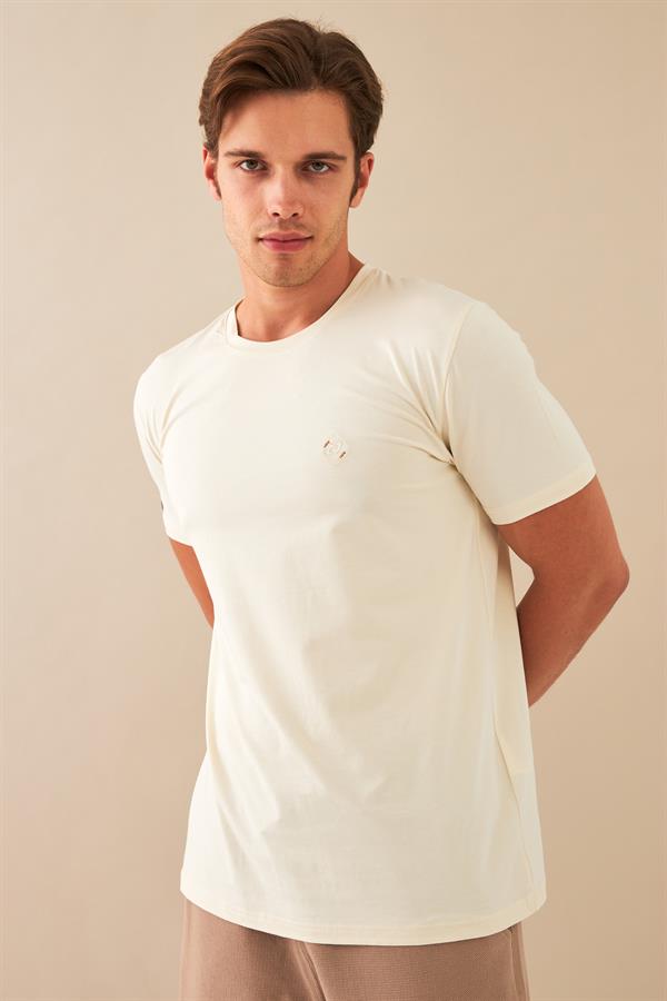 Escetic Erkek Ekru Spor Sıfır Yaka Nefes Alan Penye Modal Kumaş Slimfit T-Shirt T0083