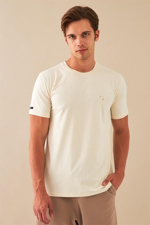 Escetic Erkek Ekru Spor Sıfır Yaka Nefes Alan Penye Modal Kumaş Slimfit T-Shirt T0083