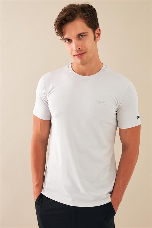 Escetic Erkek Gri Spor Sıfır Yaka Nefes Alan Merserize Pamuk Kumaş Slimfit T-Shirt T0095