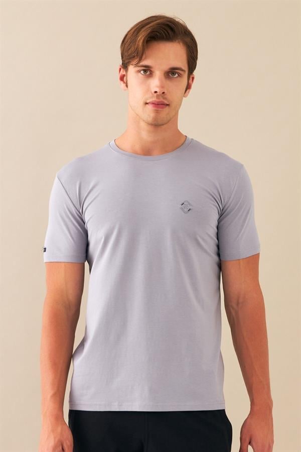 Escetic Erkek Gri Spor Sıfır Yaka Nefes Alan Penye Modal Kumaş Slimfit T-Shirt T0083