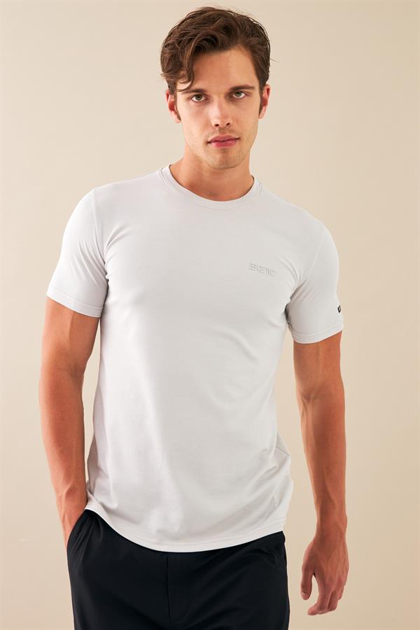 Escetic Erkek Gri Spor Sıfır Yaka Nefes Alan Merserize Pamuk Kumaş Slimfit T-Shirt T0095