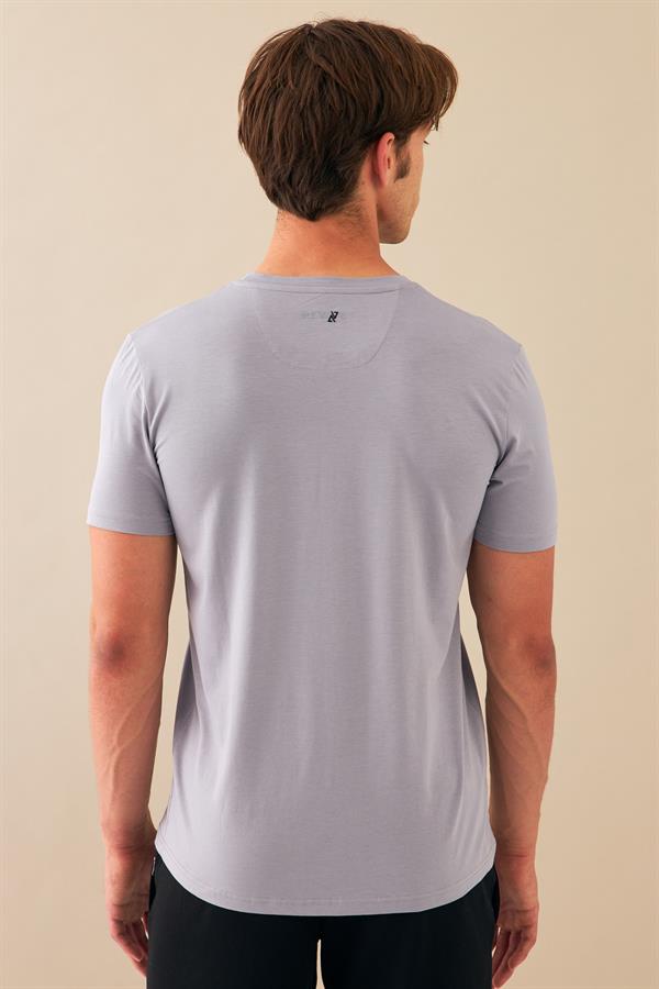 Escetic Erkek Gri Spor Sıfır Yaka Nefes Alan Penye Modal Kumaş Slimfit T-Shirt T0083