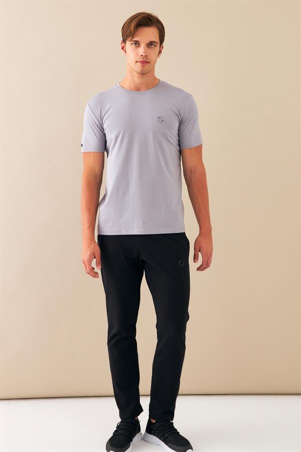 Escetic Erkek Gri Spor Sıfır Yaka Nefes Alan Penye Modal Kumaş Slimfit T-Shirt T0083