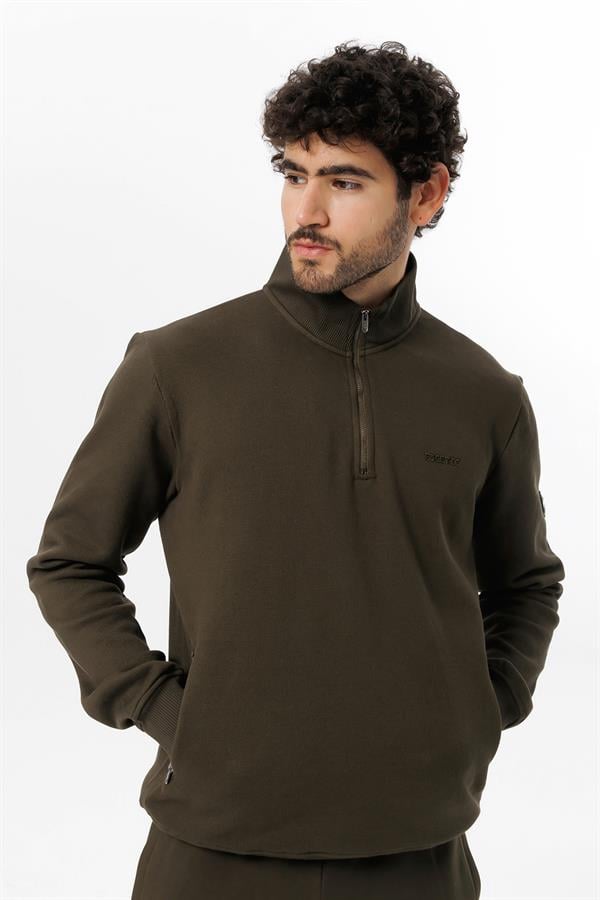 Escetic Erkek Haki Kalın Polarlı Slimfit Kışlık Sweatshirt T0120