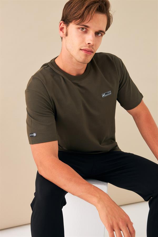 Escetic Erkek Haki Spor Baskılı O Yaka Nefes Alan %100 Pamuklu Kumaş Oversize T-Shirt T0089