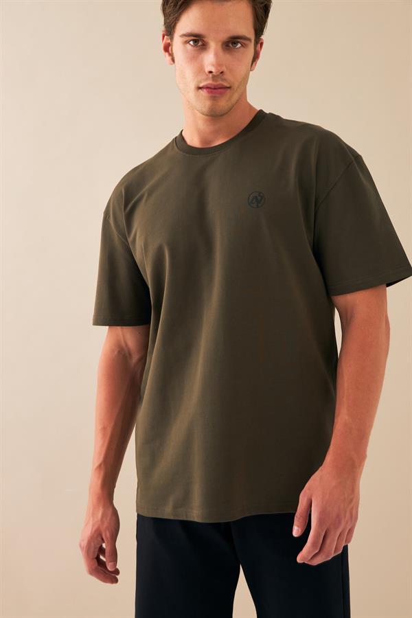 Escetic Erkek Haki Spor Baskılı O Yaka Nefes Alan %100 Pamuklu Kumaş Oversize T-Shirt T0086