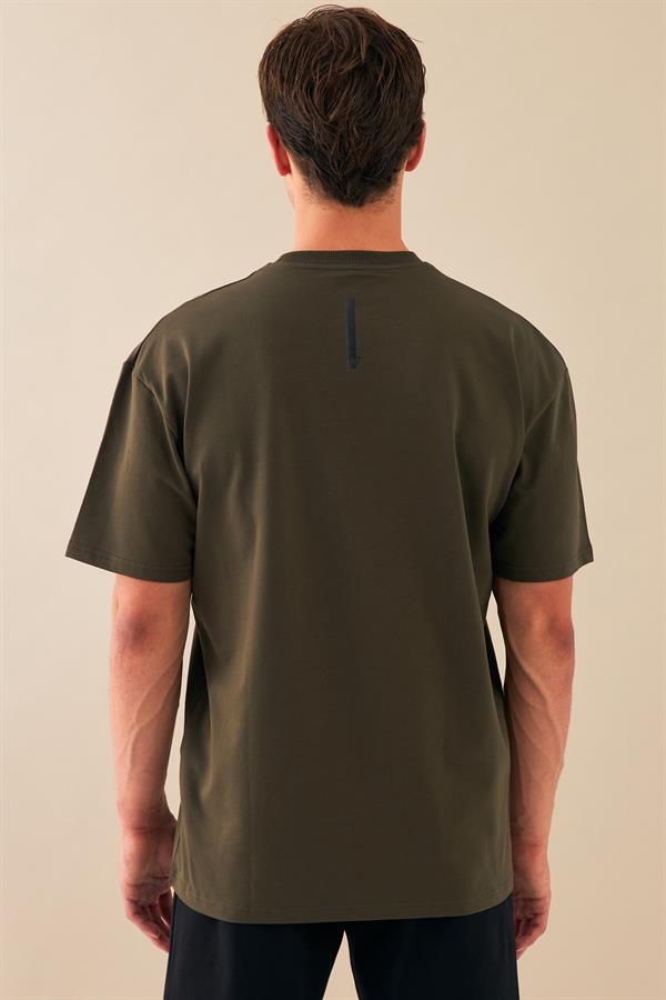 Escetic Erkek Haki Spor Baskılı O Yaka Nefes Alan %100 Pamuklu Kumaş Oversize T-Shirt T0086