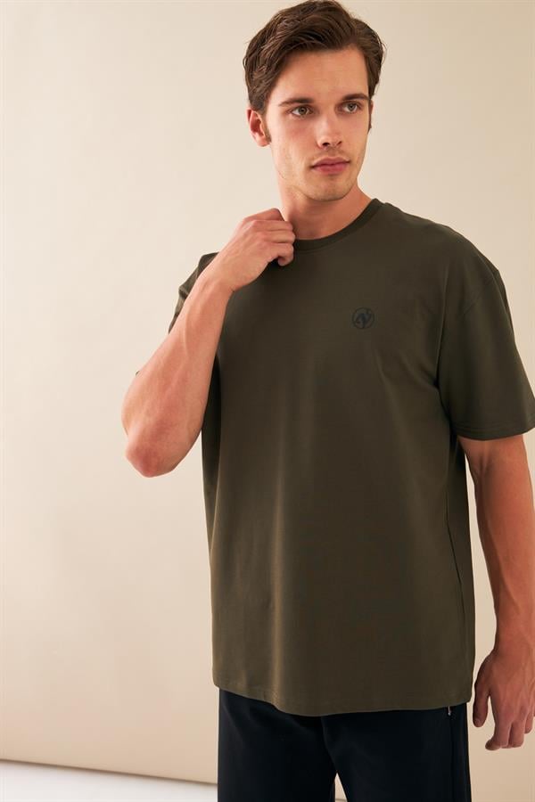Escetic Erkek Haki Spor Baskılı O Yaka Nefes Alan %100 Pamuklu Kumaş Oversize T-Shirt T0086