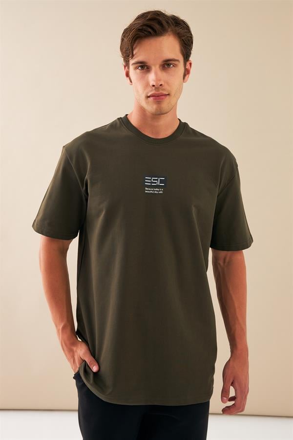 Escetic Erkek Haki Spor Baskılı O Yaka Nefes Alan %100 Pamuklu Kumaş Oversize T-Shirt T0070