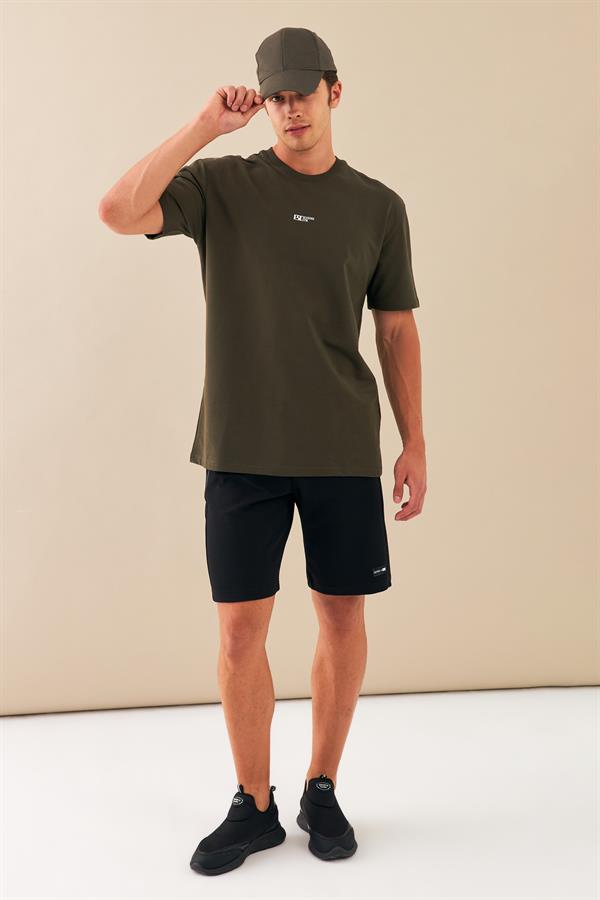 Escetic Erkek Haki Spor Baskılı O Yaka Nefes Alan %100 Pamuklu Kumaş Oversize T-Shirt T0078