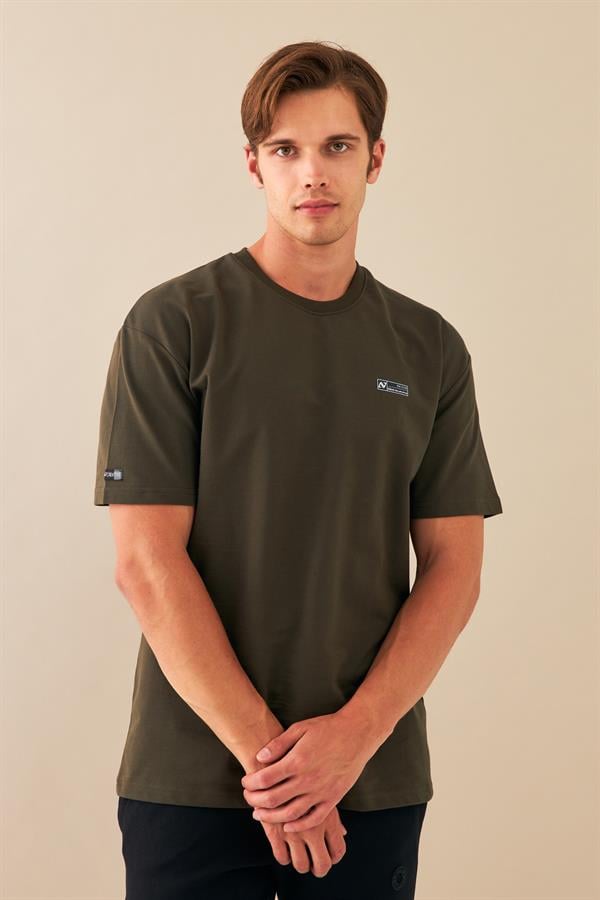 Escetic Erkek Haki Spor Baskılı O Yaka Nefes Alan %100 Pamuklu Kumaş Oversize T-Shirt T0089
