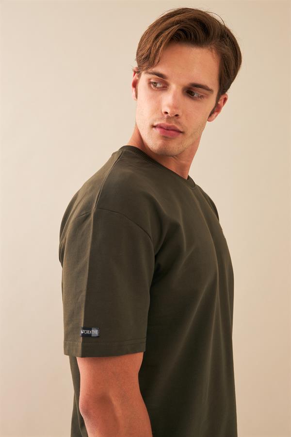 Escetic Erkek Haki Spor Baskılı O Yaka Nefes Alan %100 Pamuklu Kumaş Oversize T-Shirt T0089