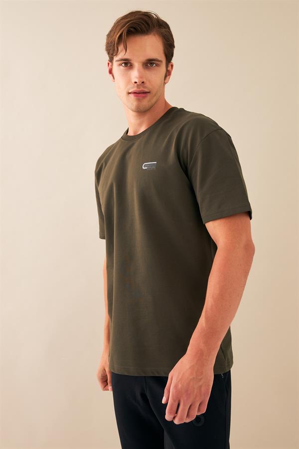 Escetic Erkek Haki Spor O Yaka Oversize Nefes Alan %100 Pamuklu Kumaş T-Shirt T0090
