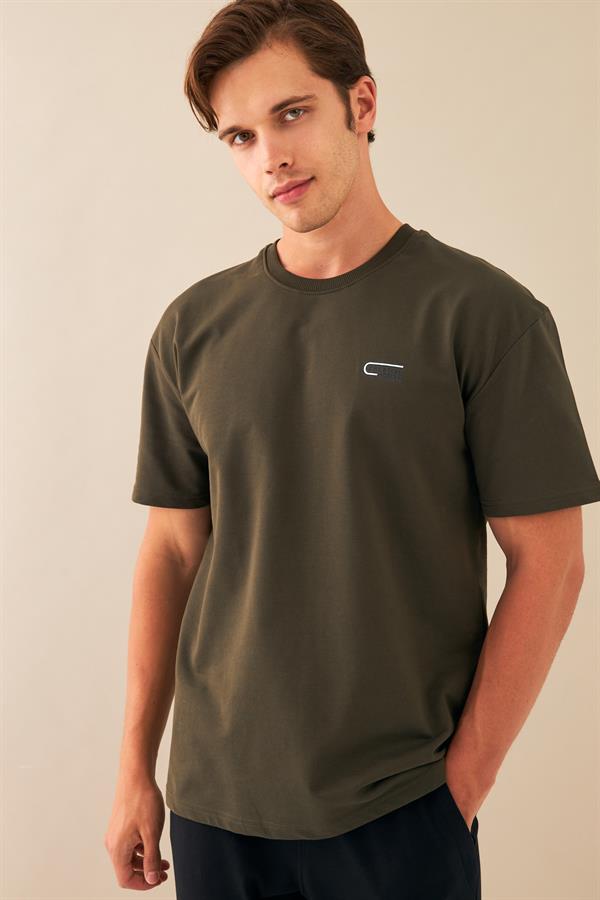 Escetic Erkek Haki Spor O Yaka Oversize Nefes Alan %100 Pamuklu Kumaş T-Shirt T0090