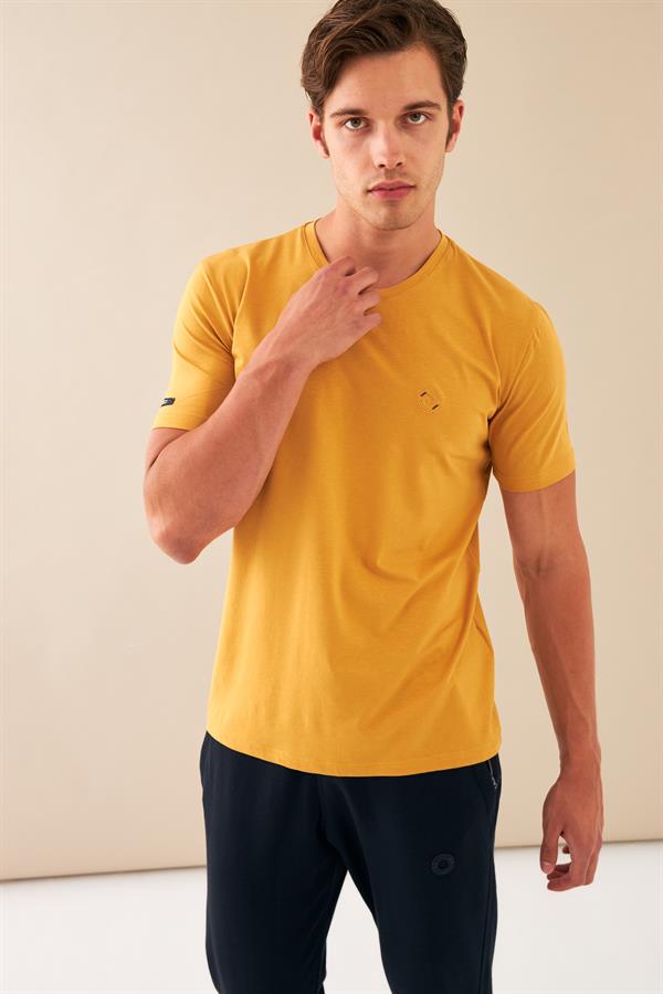 Escetic Erkek Hardal Spor Sıfır Yaka Nefes Alan Penye Modal Kumaş Slimfit T-Shirt T0083