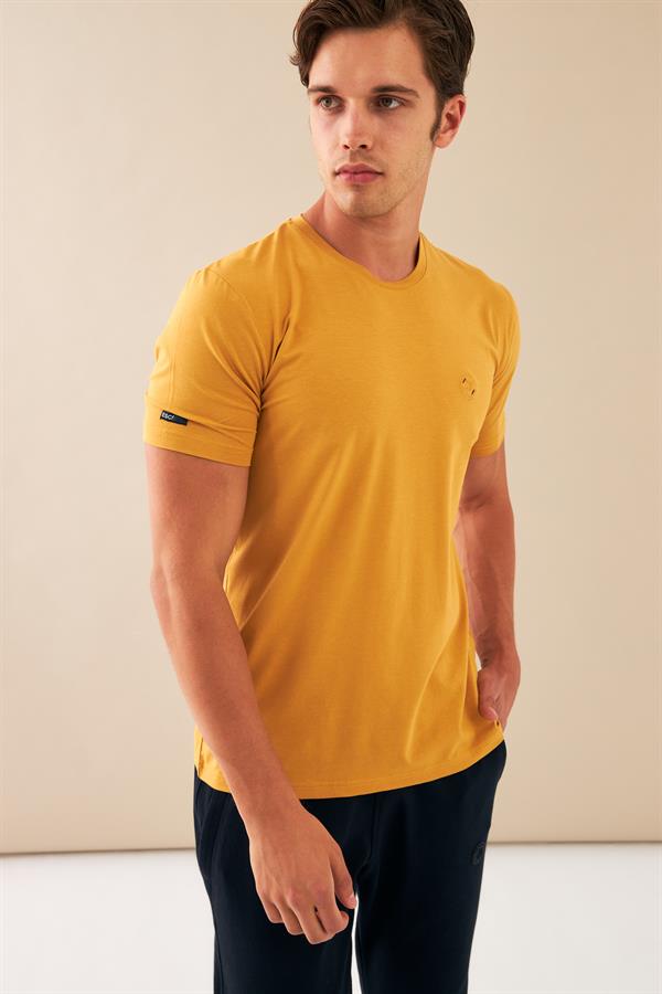 Escetic Erkek Hardal Spor Sıfır Yaka Nefes Alan Penye Modal Kumaş Slimfit T-Shirt T0083