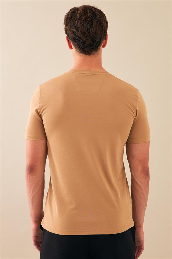 Escetic Erkek Kahve Spor Sıfır Yaka Nefes Alan Merserize Pamuk Kumaş Slimfit T-Shirt T0095