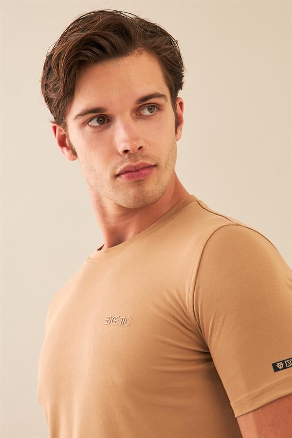 Escetic Erkek Kahve Spor Sıfır Yaka Nefes Alan Merserize Pamuk Kumaş Slimfit T-Shirt T0095
