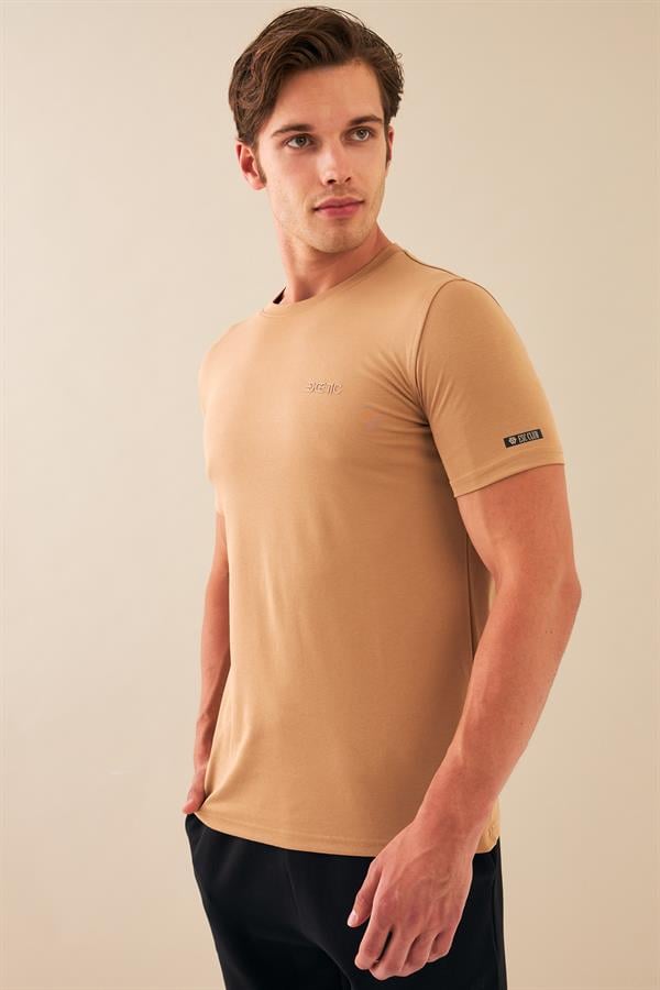 Escetic Erkek Kahve Spor Sıfır Yaka Nefes Alan Merserize Pamuk Kumaş Slimfit T-Shirt T0095