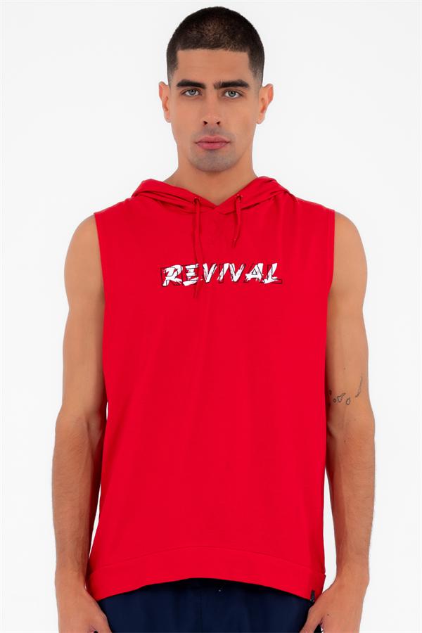 Escetic Erkek Kırmızı Spor Kapüşonlu Slimfit Nefes Alabilen %100 Pamuk Süprem Kumaş Kolsuz T-Shirt 0995