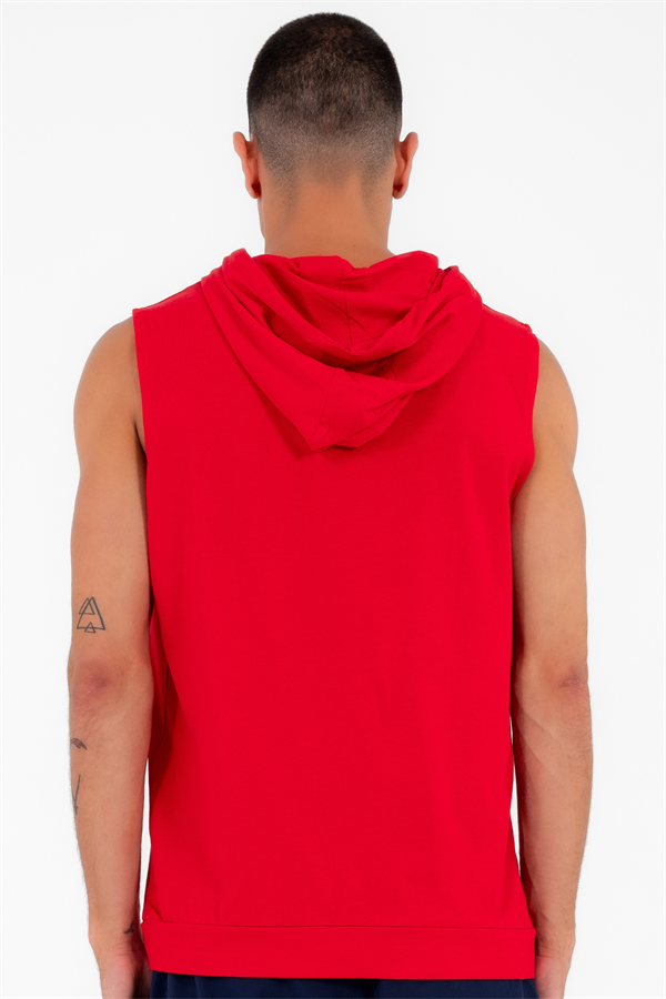 Escetic Erkek Kırmızı Spor Kapüşonlu Slimfit Nefes Alabilen %100 Pamuk Süprem Kumaş Kolsuz T-Shirt 0995