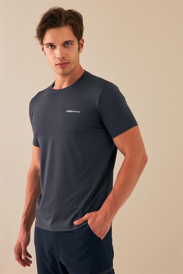 Escetic Erkek Koyu Gri Spor Sıfır Yaka Nefes Alan Mini Jakar Kumaş Slimfit T-Shirt T0087