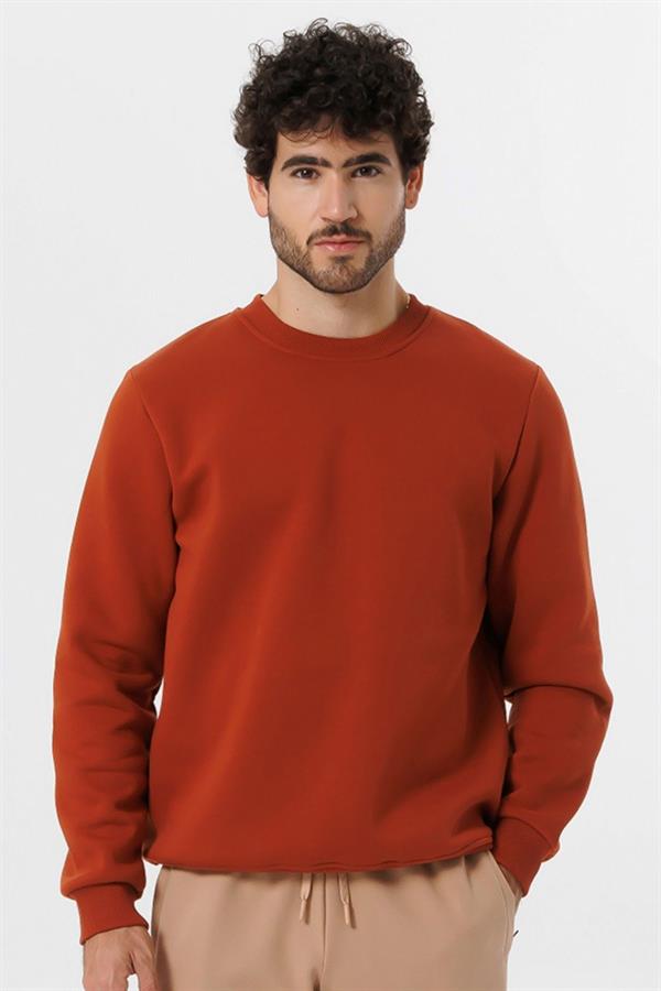 Escetic Koyu Kiremit Kalın İçi Polarlı O Yaka Regular Kalıp Kışlık Erkek Sweatshirt T0137