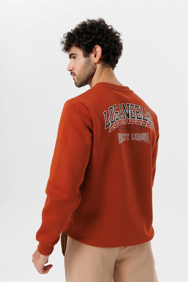 Escetic Koyu Kiremit Kalın İçi Polarlı O Yaka Regular Kalıp Kışlık Erkek Sweatshirt T0137