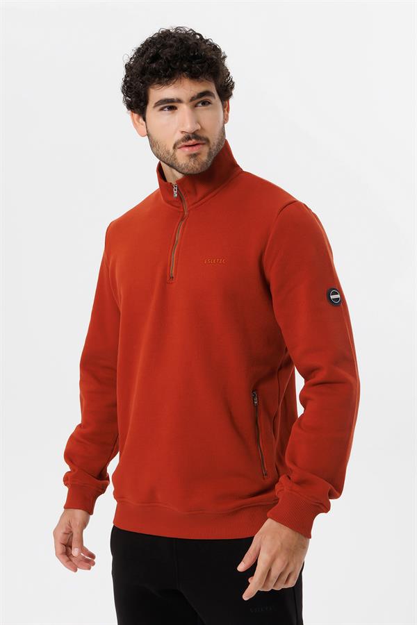 Escetic Erkek Koyu Kiremit Kalın Polarlı Slimfit Kışlık Sweatshirt T0120