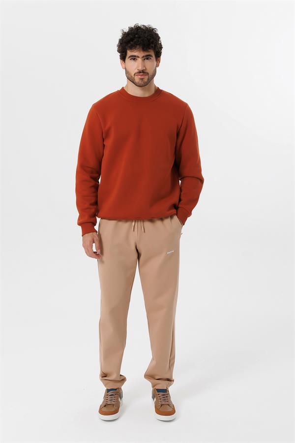 Escetic Koyu Kiremit Kalın İçi Polarlı O Yaka Regular Kalıp Kışlık Erkek Sweatshirt T0137