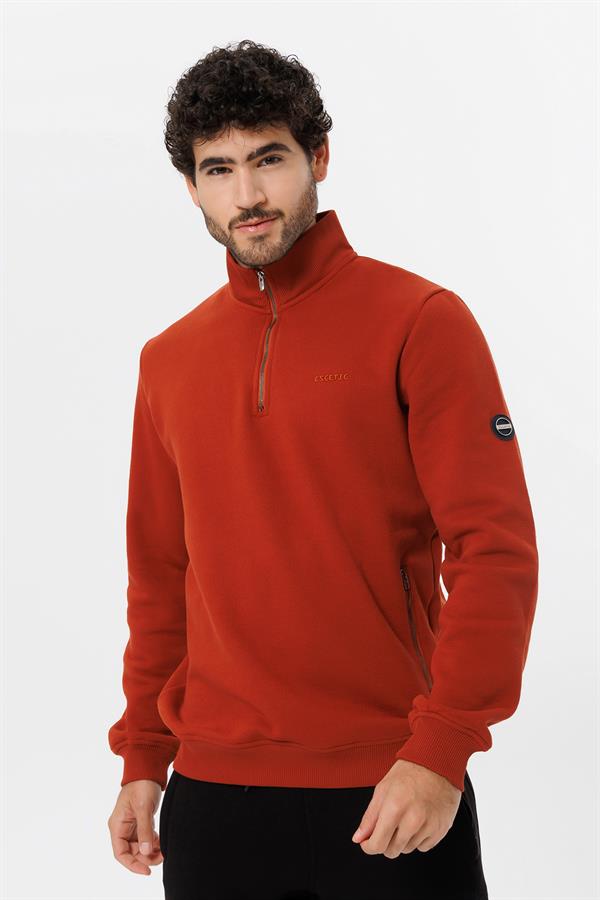 Escetic Erkek Koyu Kiremit Kalın Polarlı Slimfit Kışlık Sweatshirt T0120