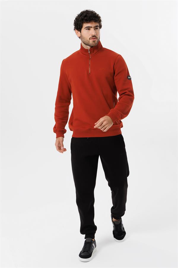 Escetic Erkek Koyu Kiremit Kalın Polarlı Slimfit Kışlık Sweatshirt T0120