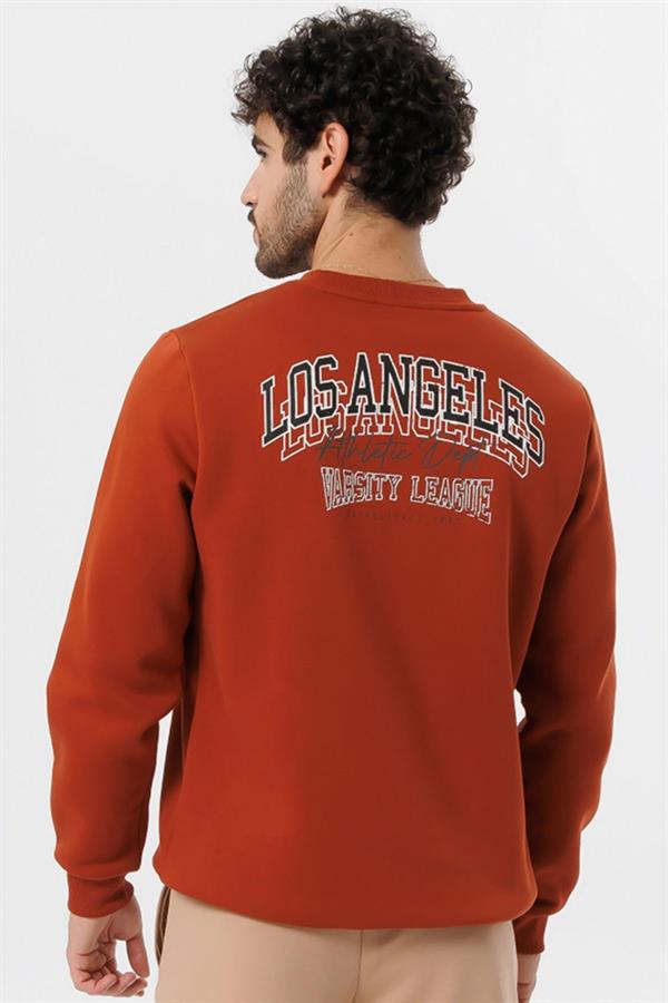 Escetic Koyu Kiremit Kalın İçi Polarlı O Yaka Regular Kalıp Kışlık Erkek Sweatshirt T0137