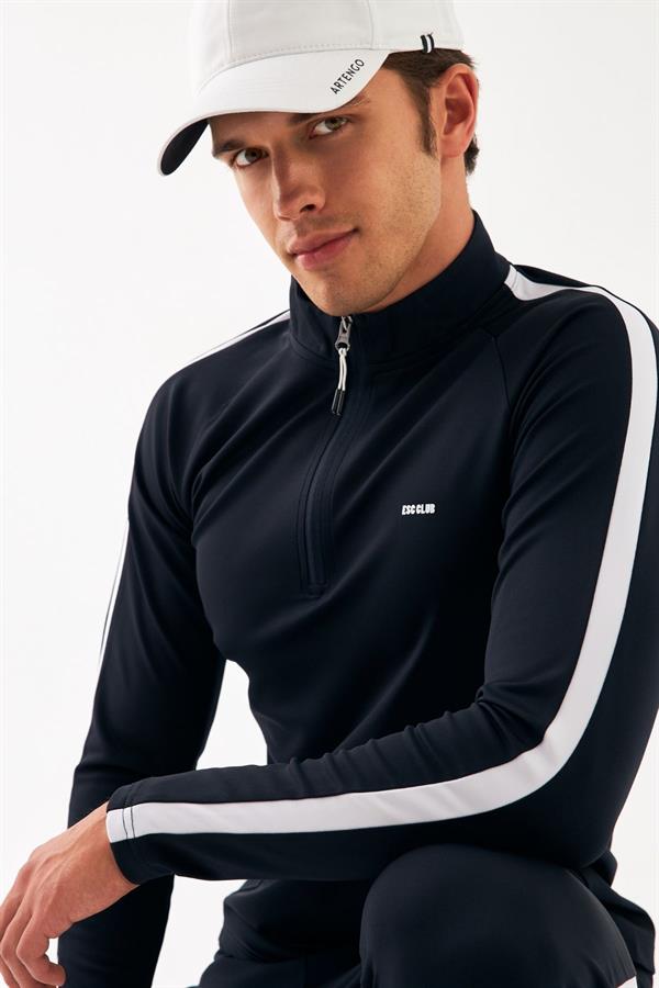 Escetic Lacivert 2 Cepli Dik Yaka 4 Mevsim Mikro Şardonlu Dalgıç Kumaş Slimfit Erkek Eşofman Takımı A3139