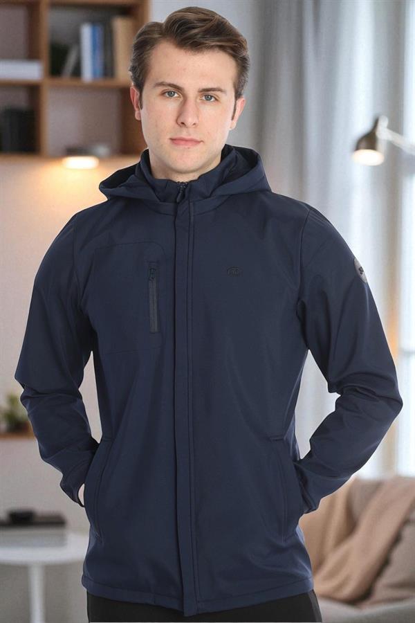 Escetic Erkek Lacivert Çıkarılabilir Kapüşonlu File Astarlı 3 Cepli Su İtici Rüzgar Geçirmez Softshell Spor Mont 7090
