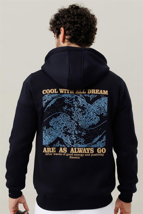 Escetic Erkek Lacivert İçi Polarlı Kalın 3 İplik Casual Kalıp Erkek Sweatshirt Hoodie TK0084