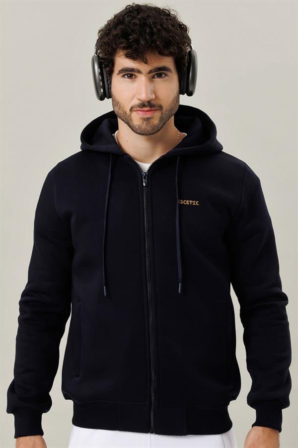 Escetic Erkek Lacivert İçi Polarlı Kalın 3 İplik Casual Kalıp Erkek Sweatshirt Hoodie TK0084