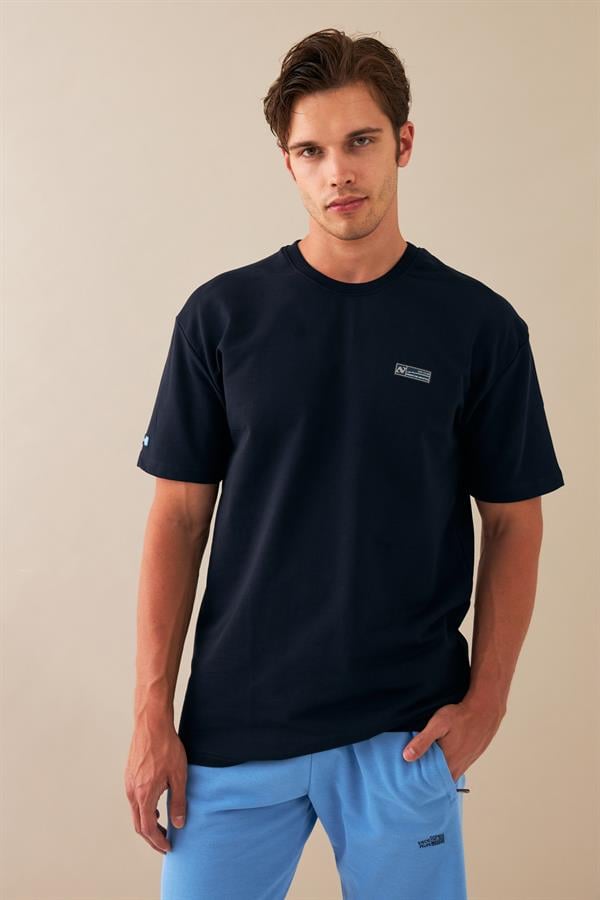 Escetic Erkek Lacivert Spor Baskılı O Yaka Nefes Alan %100 Pamuklu Kumaş Oversize T-Shirt T0089
