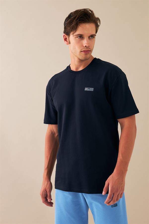 Escetic Erkek Lacivert Spor Baskılı O Yaka Nefes Alan %100 Pamuklu Kumaş Oversize T-Shirt T0089