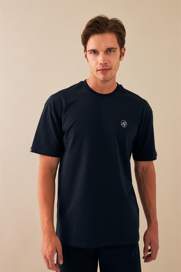 Escetic Erkek Lacivert Spor Baskılı O Yaka Nefes Alan %100 Pamuklu Kumaş Oversize T-Shirt T0086
