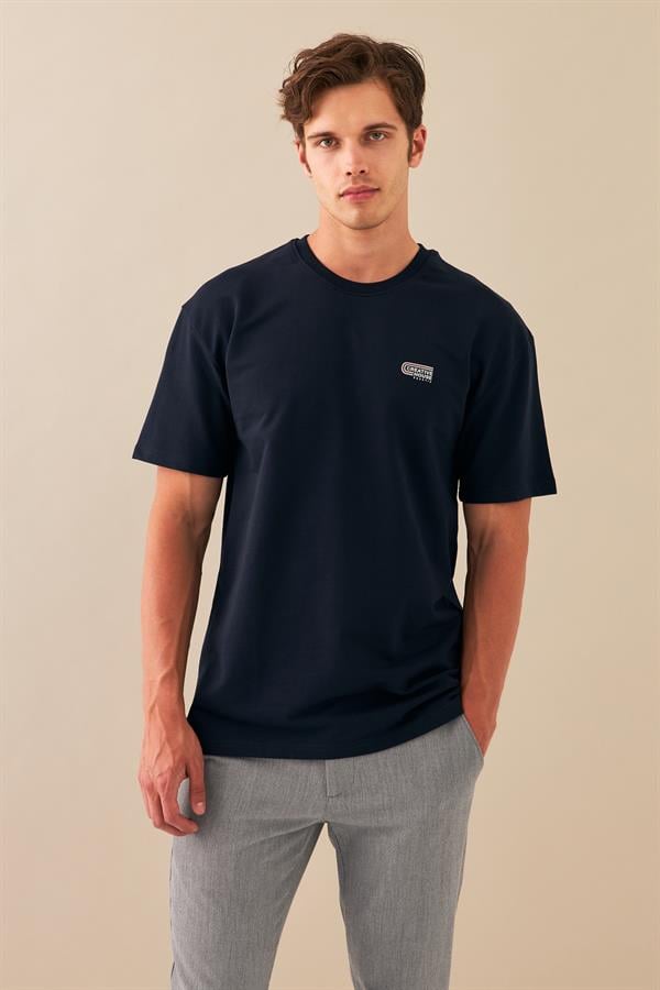 Escetic Erkek Lacivert Spor O Yaka Nefes Alan %100 Pamuklu Oversize T-Shirt T0090