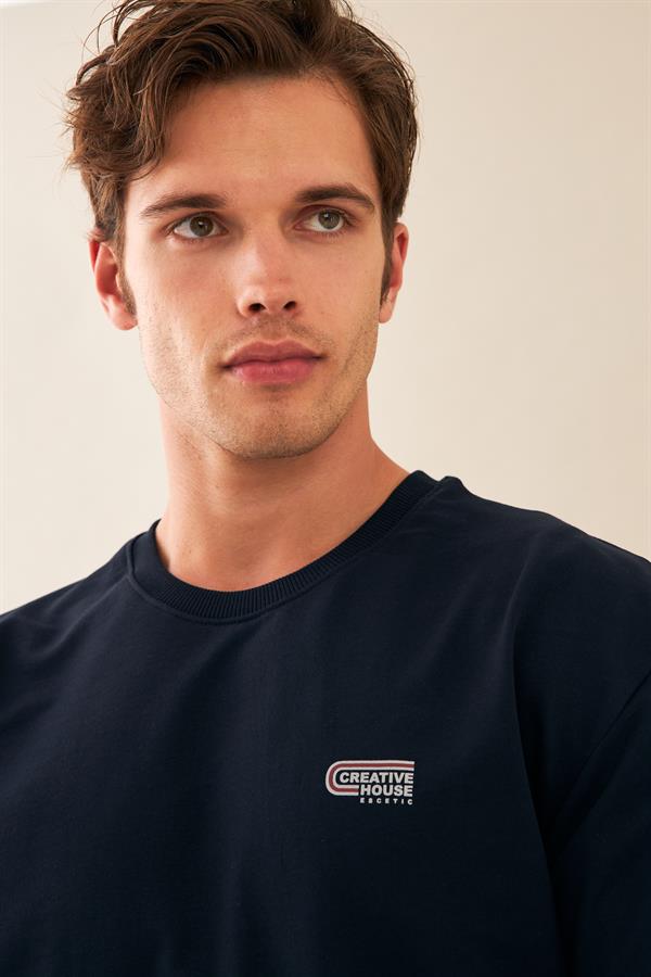 Escetic Erkek Lacivert Spor O Yaka Nefes Alan %100 Pamuklu Oversize T-Shirt T0090