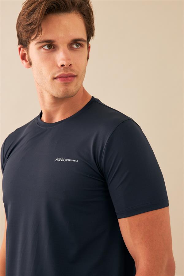 Escetic Erkek Lacivert Spor Sıfır Yaka Nefes Alan Mini Jakar Kumaş Slimfit T-Shirt T0087