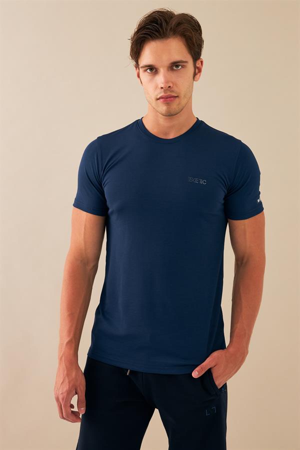 Escetic Erkek Lacivert Spor Sıfır Yaka Nefes Alan Merserize Pamuk Kumaş Slimfit T-Shirt T0095