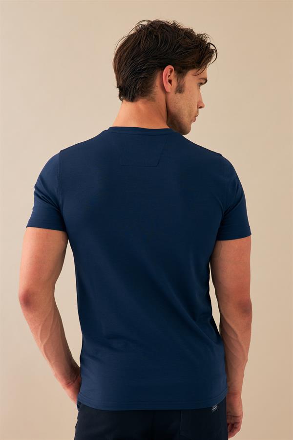 Escetic Erkek Lacivert Spor Sıfır Yaka Nefes Alan Merserize Pamuk Kumaş Slimfit T-Shirt T0095