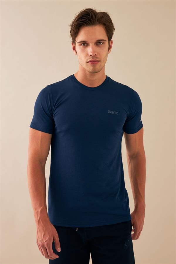 Escetic Erkek Lacivert Spor Sıfır Yaka Nefes Alan Merserize Pamuk Kumaş Slimfit T-Shirt T0095