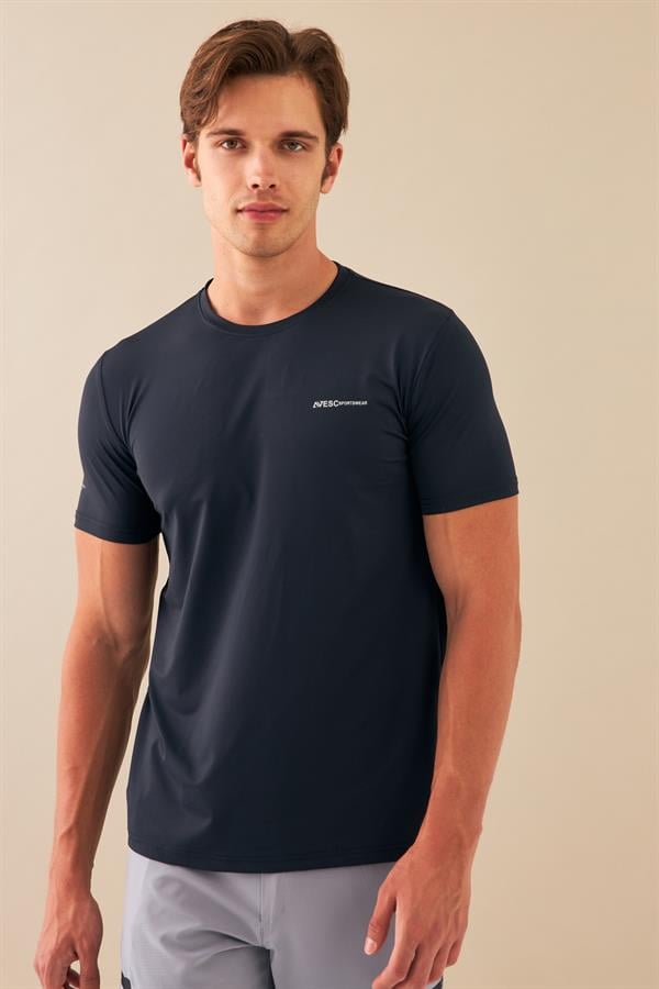 Escetic Erkek Lacivert Spor Sıfır Yaka Nefes Alan Mini Jakar Kumaş Slimfit T-Shirt T0087
