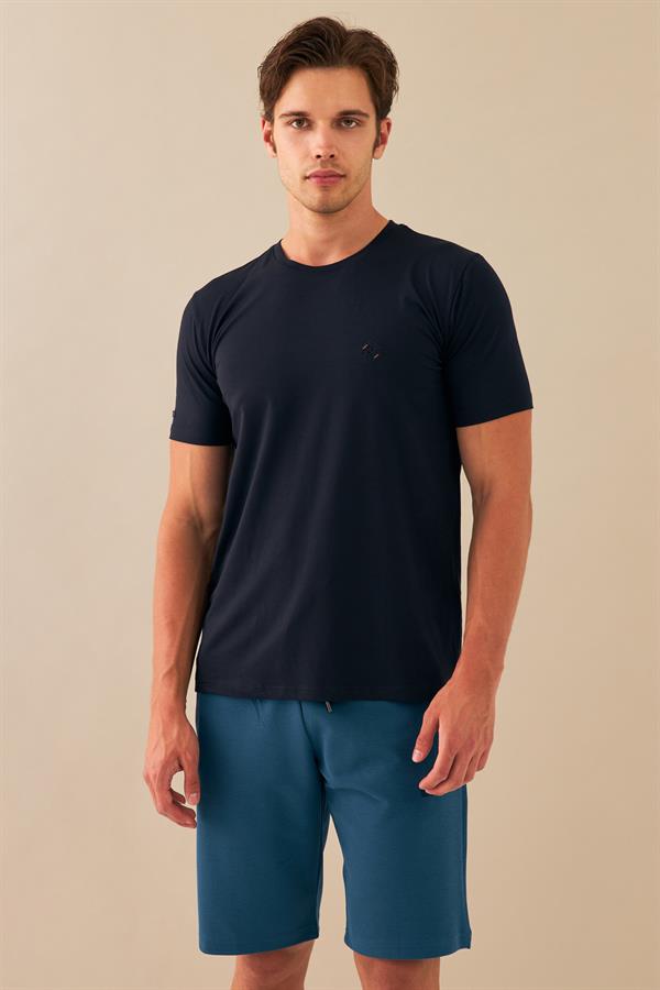 Escetic Erkek Lacivert Spor Sıfır Yaka Nefes Alan Penye Modal Kumaş Slimfit T-Shirt T0083